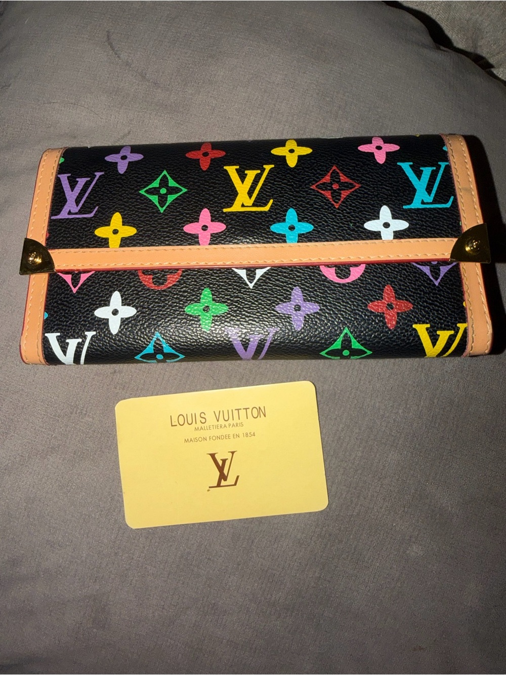 Louis Vuitton Black Multicolor Monogram Trifold Wallet with Tan Trim